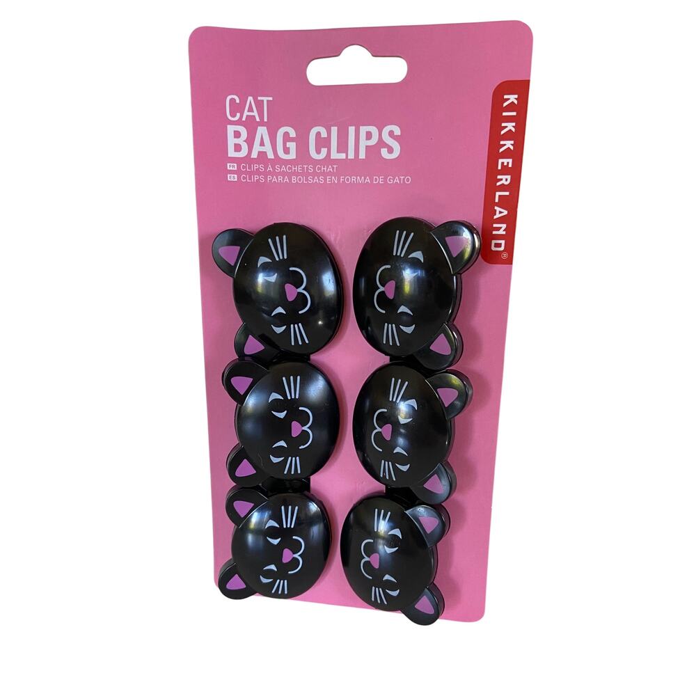 NEW Kikkerland Black & Pink Cat Kitten Bag Chip Clips Kitchen Set of 6